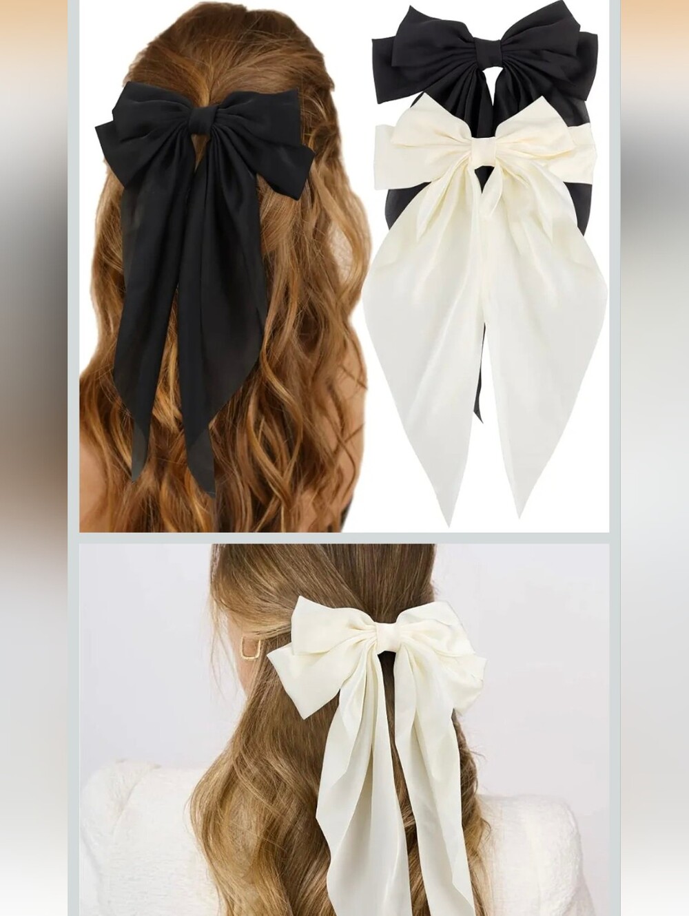 Atoden Hair Bows Black White Large Silky Satin Hair Bow for Women Girl 2Pcs